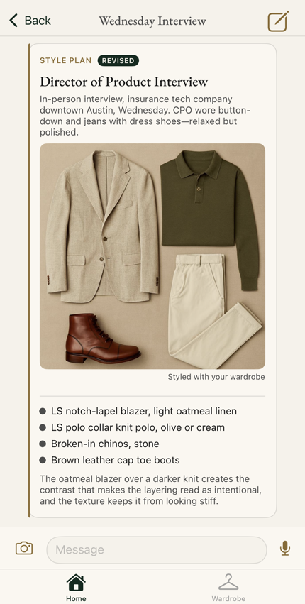 Tailored style plan showing a complete outfit recommendation with flat-lay photo and styling reasoning